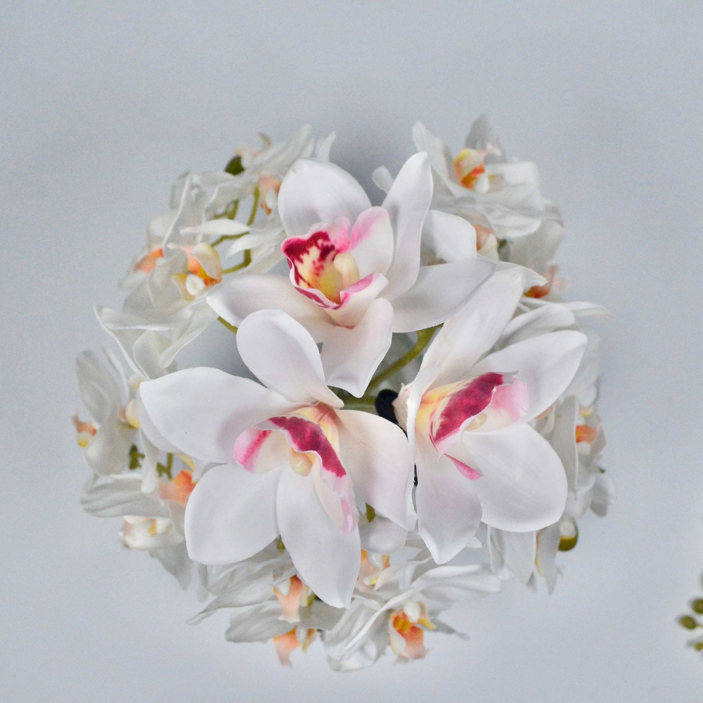 White orchids with pink centers on a light gray background