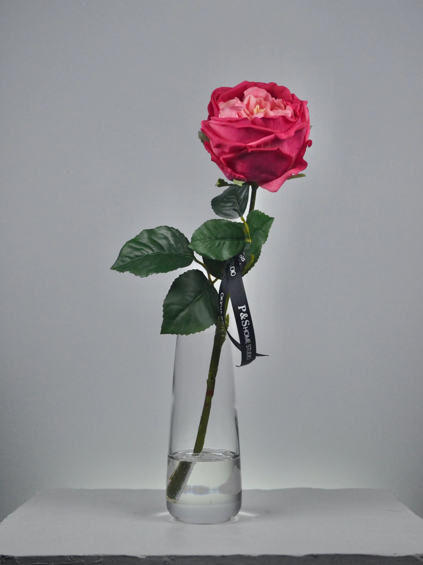 Single red rose in a clear vase on a gray background