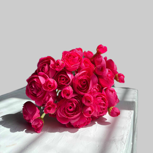 Bouquet of bright pink roses on a white surface with a light gray background