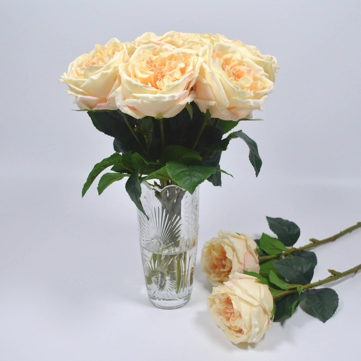 Bouquet of peach-colored roses in a clear vase on a light gray background