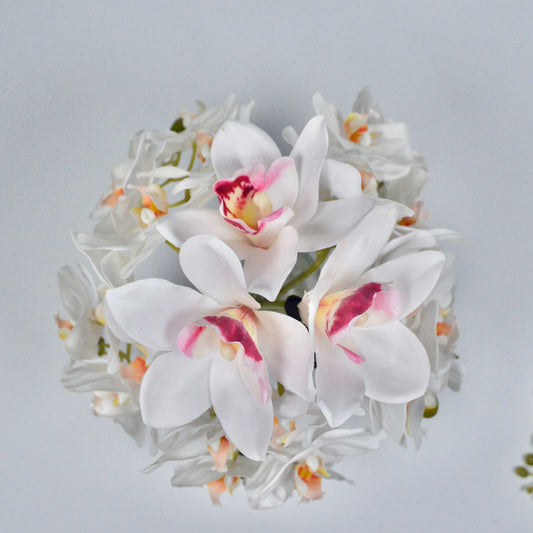 White orchids with pink centers on a light gray background