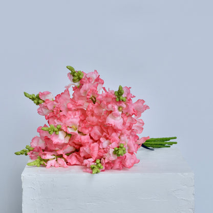 Pink flowers on a white cake against a light gray background